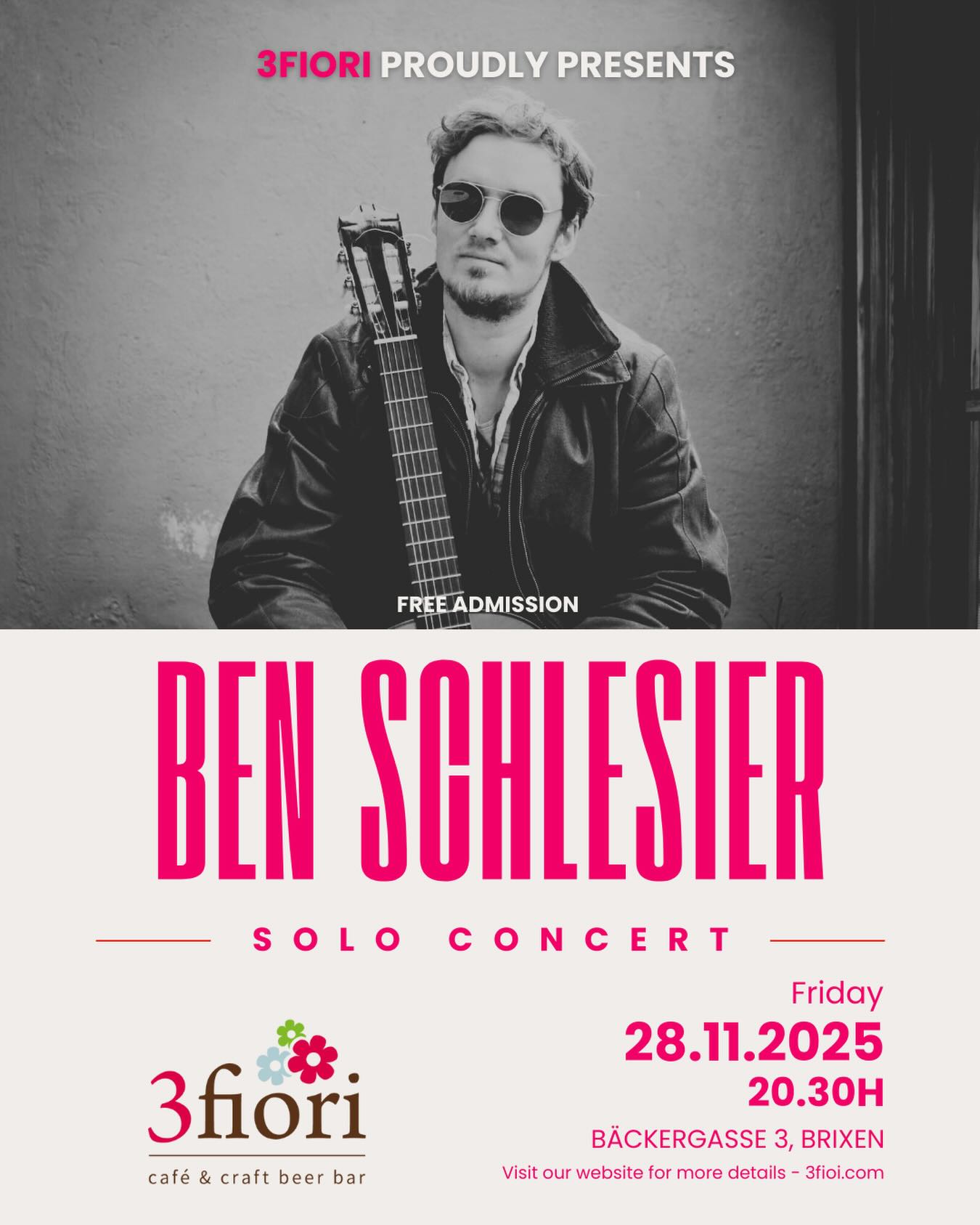 THIS Friday NIGHT! See you around...
.
.
👉 „Link in Bio für mehr Infos!“
.
#3fiori #3fiorievents #altstadtbrixen #weihnachtsmarktbrixen #benschlesier #folklive #fridaynightlive #beerandsnacks #italiancraftbeer #südtirolercraftbeer #beerandmusic #bestofbrixen #visitbrixen