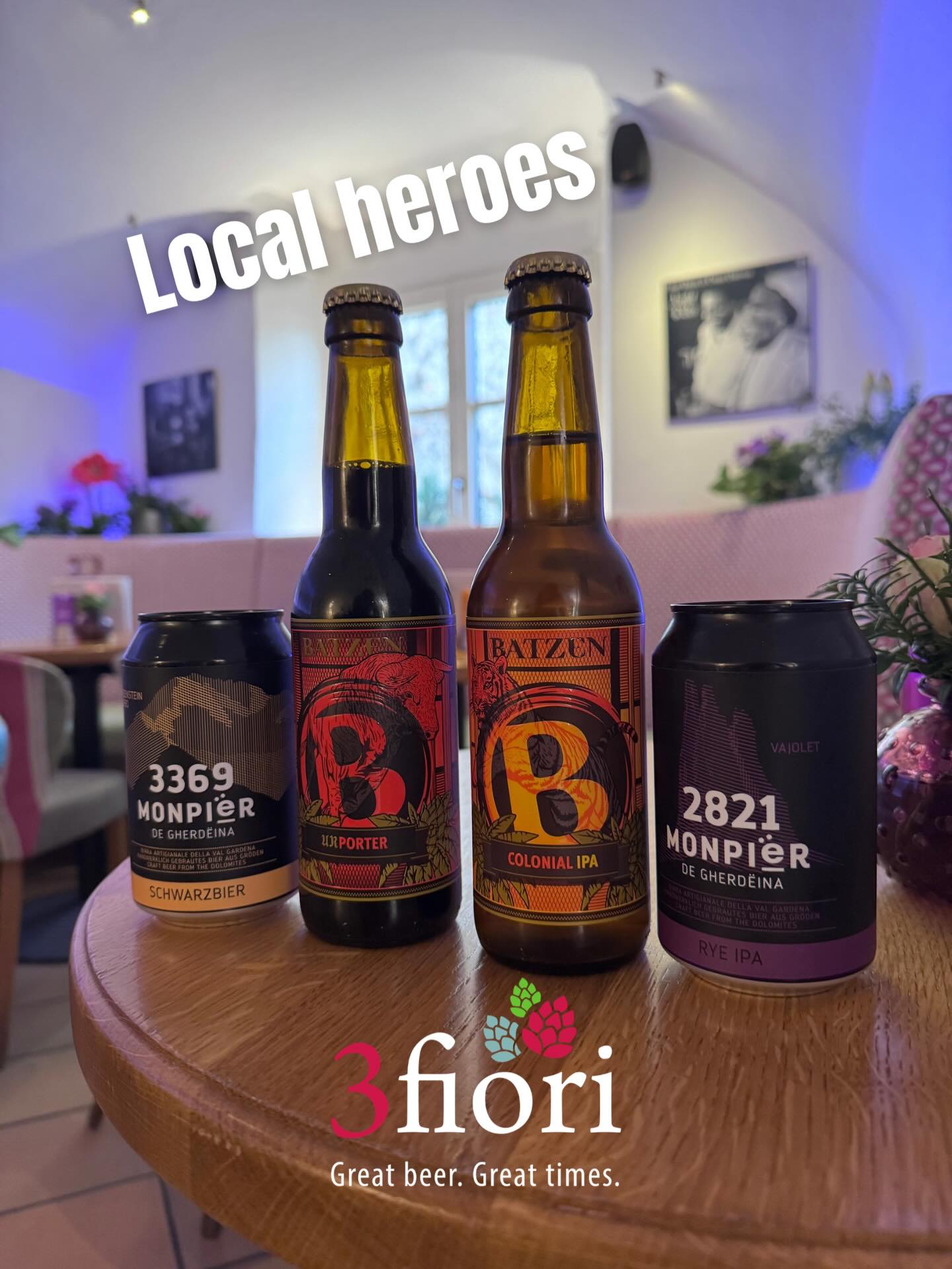 Our Local Heroes!
.
🍺 Colonial, IPA, Batzen Bräu Bozen
🍺 Vajolet 2821, Rye IPA, Monpiër, Gröden
🍺 Ur-Porter, Porter, Batzen Bräu Bozen
🍺 Schwarzenstein 3369, Schwarzbier, Monpiër, Gröden
.
.
#3fioribeer #monpier #batzenbräu #beerandsnacks #visitbrixen